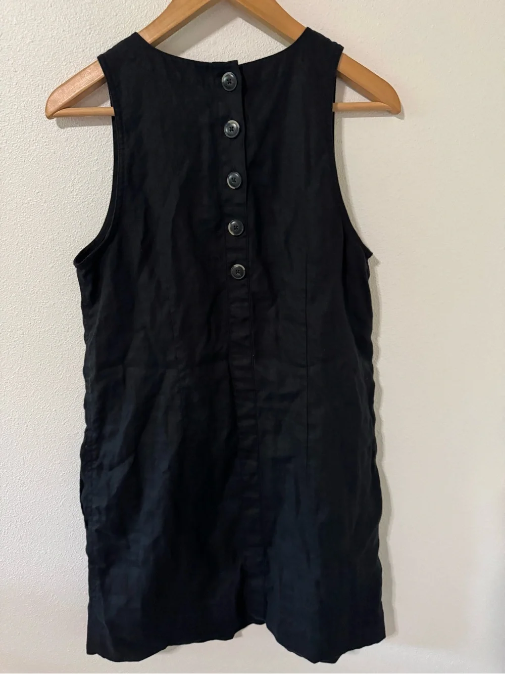 J Crew Beauchamps Linen Button-Back Sleeveless Shift Dress Black Pockets-Small